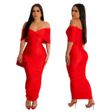 Women's Fashion Solid Color Ruched Sexy Off Shoulder Slim Long Dress For Women