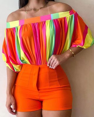 Summer Women's Pleated Off-The-Shoulder Loose Top Bat Sleeves Short-Sleeved T-Shirt