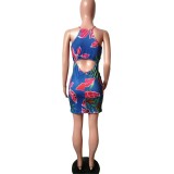 Women's Printed Sleeveless Hollow Out Strap Nightclub Dress