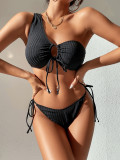 Sexy Solid One Shoulder Ribbed Strap Sexy Two Piece Bikini Swimsuit Women