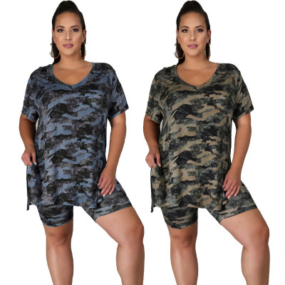 Plus Size Women's Summer Print Loose Slit Plus Size Casual Two Piece Shorts Set