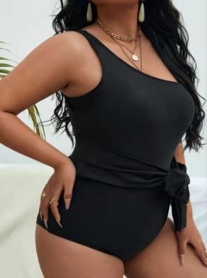 Women Fashion One Shoulder Plain Black Plus Size One Piece Swimsuit