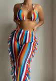 Sexy Stripes Print Two Piece Bikini Swimwear Ruffled Pants Three-Piece Swimsuit