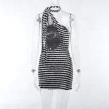 Women Black and White Striped One Shoulder Backless Dress