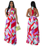 Women Halter Neck Backless Pleated Print Sleeveless Dress