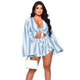 Women Deep V Sexy Stripe Cut Out Lace Up Long Sleeve Romper