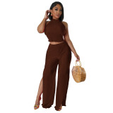 Women Sexy Backless Crop Top and Split Pants Two-Piece Set