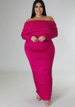 Plus Size Women Off Shoulder Pleated Long Sleeve Dress