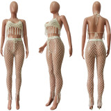 Women Sexy Sheer Crochet Beach Net Top and Pant Two-Piece Set