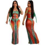 Women Print Off Shoulder Short Sleeve Maxi Dress