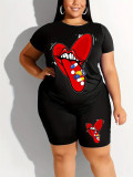 Plus Size Women Loose Printed T-Shirt and Shorts Two-Piece Set