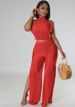 Women Sexy Backless Crop Top and Split Pants Two-Piece Set