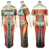 Women Print Off Shoulder Short Sleeve Maxi Dress