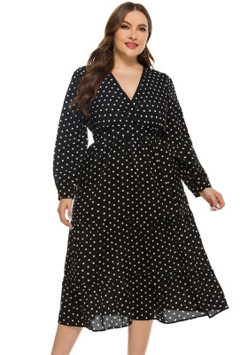 Spring Fashion Loose Plus Size Women's V-neck Long Sleeve Polka Dot Dress