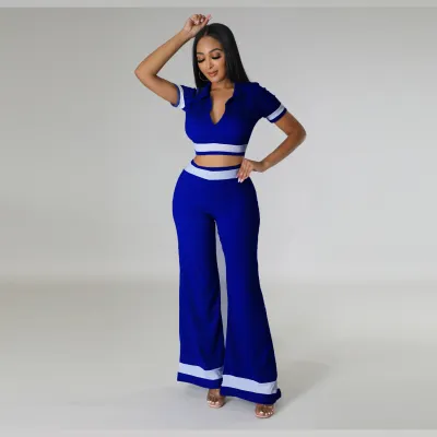 Summer Colorblock Turndown Collar Wide Leg Pant Short Sleeve Crop Two-Piece Women's Casual Suit