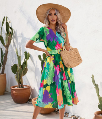 Ladies Summer Floral Print Crumpled Short Sleeves Dress