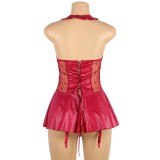 Sexy faux leather garter nightdress set pu pajamas Plus Size sexy lingerie