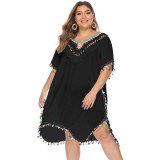 Plus Size Women's Irregular Hook Patchwork Multi-Color Tassel Deep V Sexy Loose Plus Size Beach Cover Up