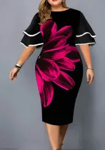 Autumn/Winter Digital Printing Plus Size Women's Flying Sleeves Bodycon Dress