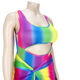 Fashion Plus Size Women's Sexy Rainbow Stripe Cutout One Piece Swimsuit Dress Two-Piece Set