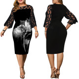 Autumn Digital Printing Lace Patchwork 3/4 Sleeve Dress Plus Size Women