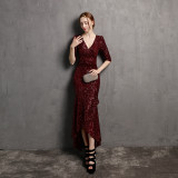 Long Sleeve V Neck Maxi Gown Sequin Dress Wedding Formal Party Party Dress