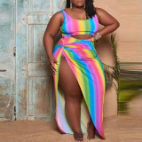 Fashion Plus Size Women's Sexy Rainbow Stripe Cutout One Piece Swimsuit Dress Two-Piece Set