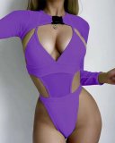 Solid Color Sexy Halter Neck Multicolor Long Sleeve Cover Up Sexy One Piece Swimsuit