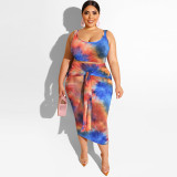 Summer Tie Dye Print Tight Fitting Bodycon Fashion Casual Suit Plus Size Women's Two-Piece Set