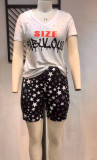 Plus Size Ladies Summer Short Sleeve Positioning Print Ripped Fashion T-Shirt Set