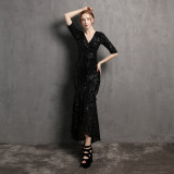 Long Sleeve V Neck Maxi Gown Sequin Dress Wedding Formal Party Party Dress