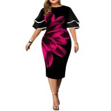 Autumn/Winter Digital Printing Plus Size Women's Flying Sleeves Bodycon Dress