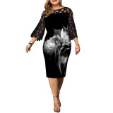Autumn Digital Printing Lace Patchwork 3/4 Sleeve Dress Plus Size Women