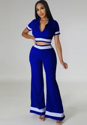 Summer Colorblock Turndown Collar Wide Leg Pant Short Sleeve Crop Two-Piece Women's Casual Suit