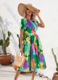 Ladies Summer Floral Print Crumpled Short Sleeves Dress