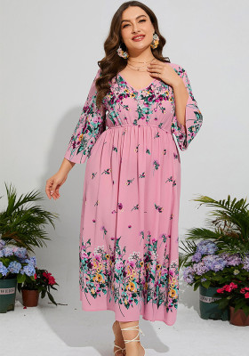 elegant floral Plus Size loose dress Bell Bottom sleeve v-neck elastic waist chiffon dress