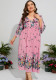 elegant floral Plus Size loose dress Bell Bottom sleeve v-neck elastic waist chiffon dress