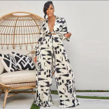 Ladies Printed Fashion Top Pleated Wide Leg Pants Two Piece Set
