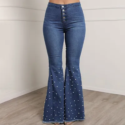 Casual Denim Pants Women's Slim Fit Beaded Bell Bottom Jeans