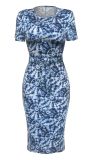 Summer Ladies Sexy Round Neck Short Sleeve Midi Bodycon Dress