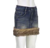 Fluffy Edge Wash Denim Retro Blue Stretch Skirt Female Style Bodycon Mini Skirt