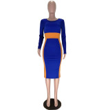 Women's Clothing Autumn Fashion O-Neck Contrast Color Long Sleeve Midi Bodycon Dress