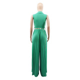 Sleeveless Chic Casual V Neck Slim Waist Pleated Wide Leg Jumpsuit