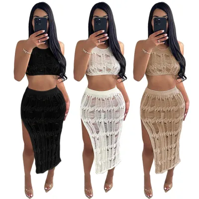 Women's Spring Summer Beach Knitting Vest Slit Skirt Slit Sexy Two Piece Set