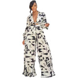 Ladies Printed Fashion Top Pleated Wide Leg Pants Two Piece Set