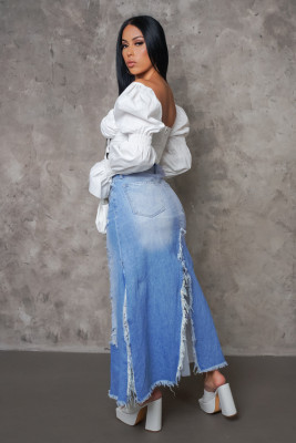 Frayed Ripped Slit Denim Skirt(Just Denim Skirt Without Mesh)