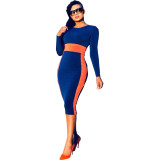 Women's Clothing Autumn Fashion O-Neck Contrast Color Long Sleeve Midi Bodycon Dress
