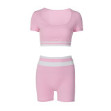 Summer Women Contrasting Color Short Sleeve U-Neck Top and Shorts Two-Piece Set