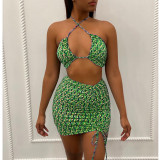 Women Sexy Print Drawstring Crop Top and Skirt Two-Piece Set