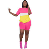 Women Color Block Short Sleeve Top and Shorts Sport Two-Piece Set